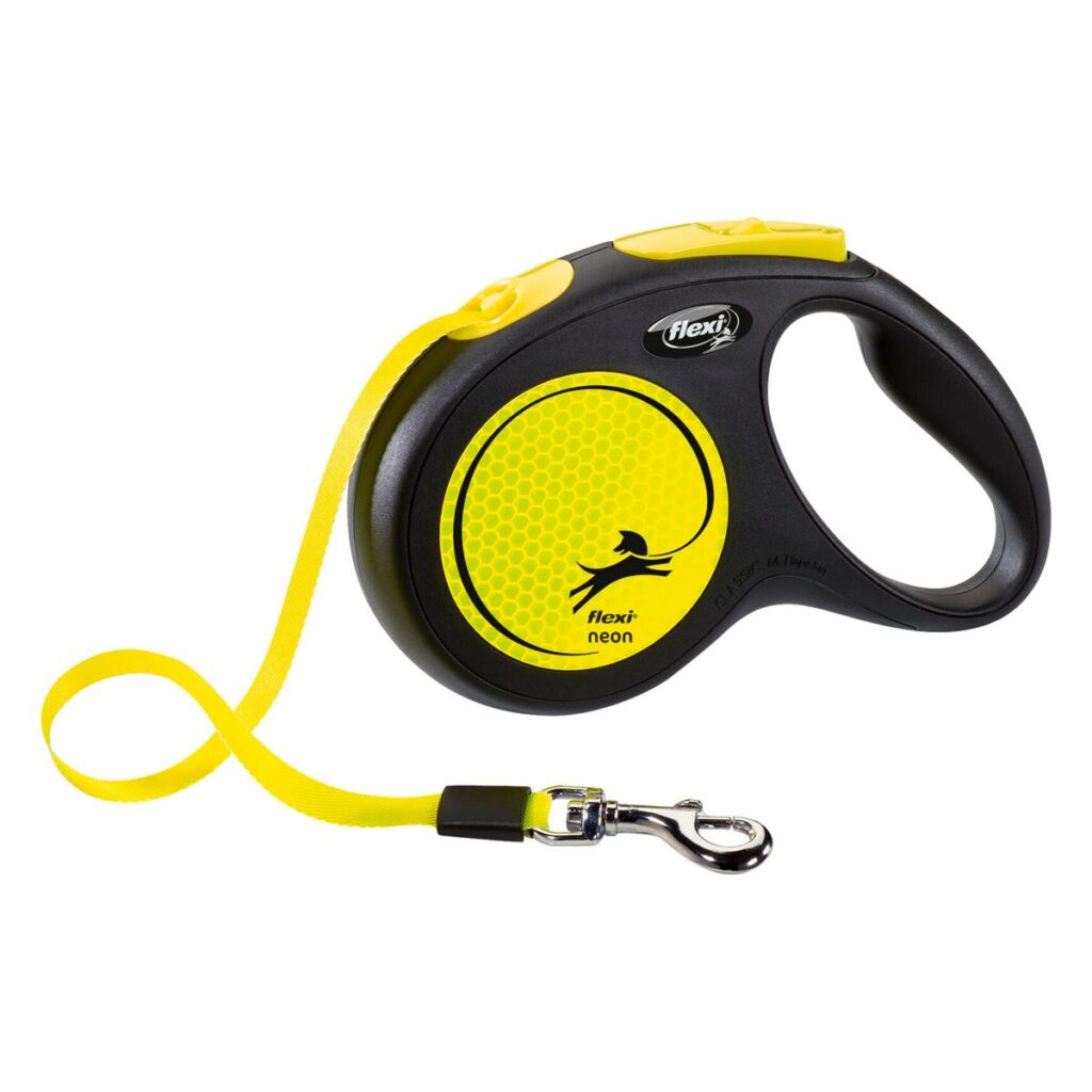 flexi New NEON – samonavíjacie vodítko s reflexným pásom 5 m, neónovo žltá, veľkosti S až L
